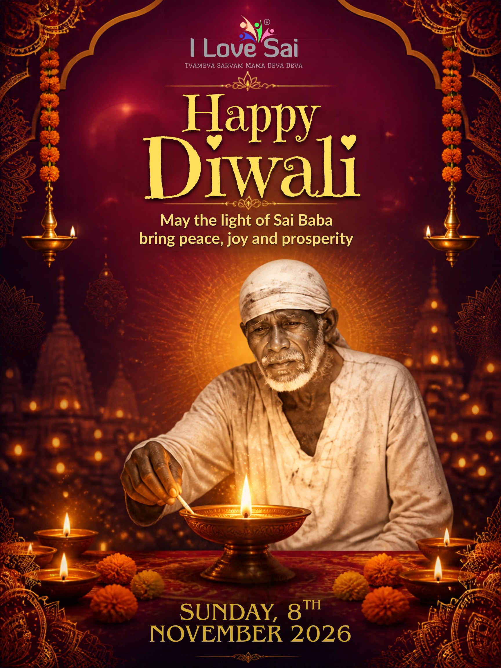 Happy Diwali from I Love Sai: Shirdi Sai Baba lighting a diya, Sunday, November 8, 2026